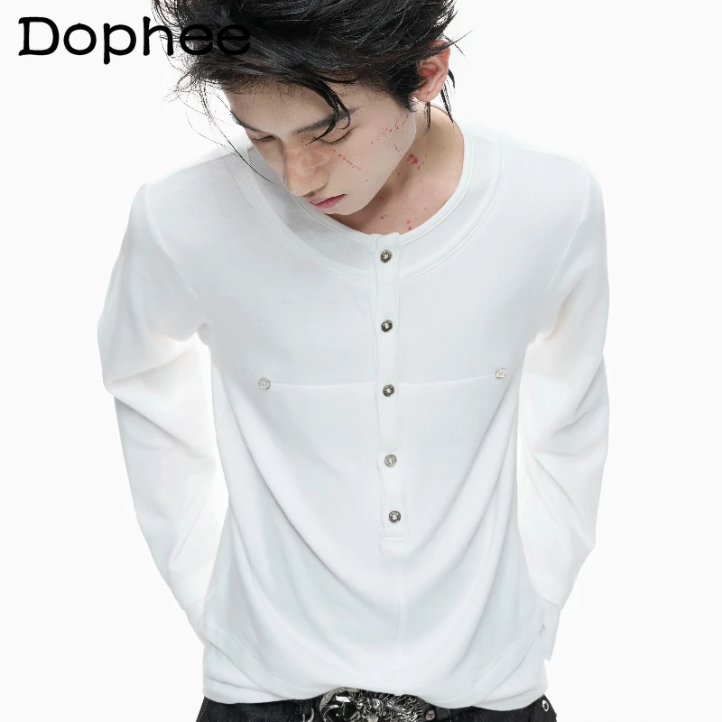

Men's 2026 Spring New Fashion Faux Two-piece T-shirts Metal Button Slim-fit Long-sleeve Tops High-stretch Blended Comfort Tees