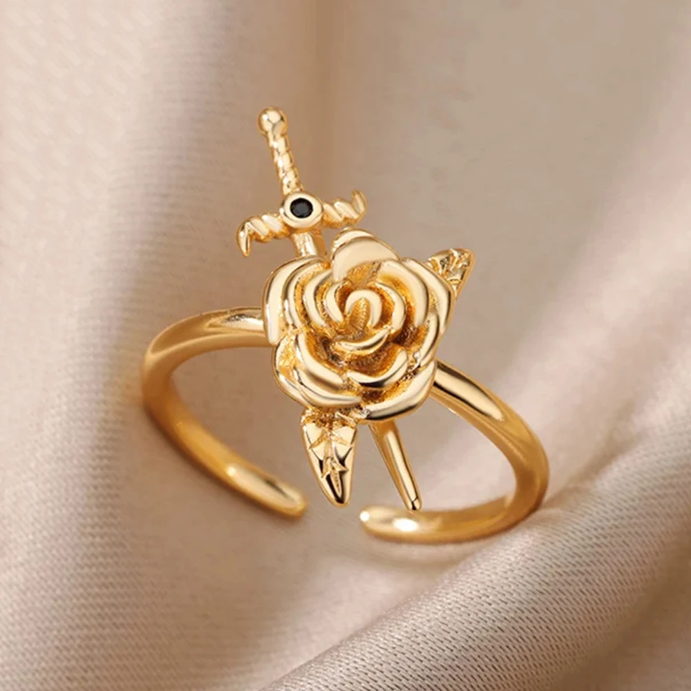 Zircon Sword Rose Flower Rings For Women Gold Color Open Ring Female Fashion Party Finger Jewelry 2026 New Trend
