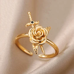 Zircon Sword Rose Flower Rings For Women Gold Color Open Ring Female Fashion Party Finger Jewelry 2026 New Trend