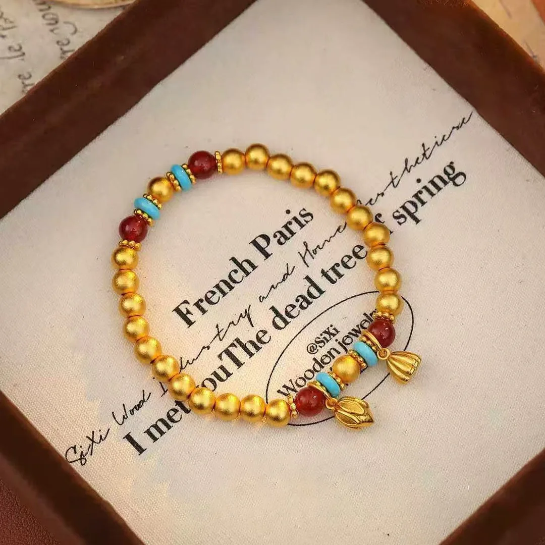 الرجعية لوتس البذور قلادة سوار العتيقة الذهب الحرفية جولة الخرز أساور للنساء الفيروز ضوء المجوهرات الفاخرة #3