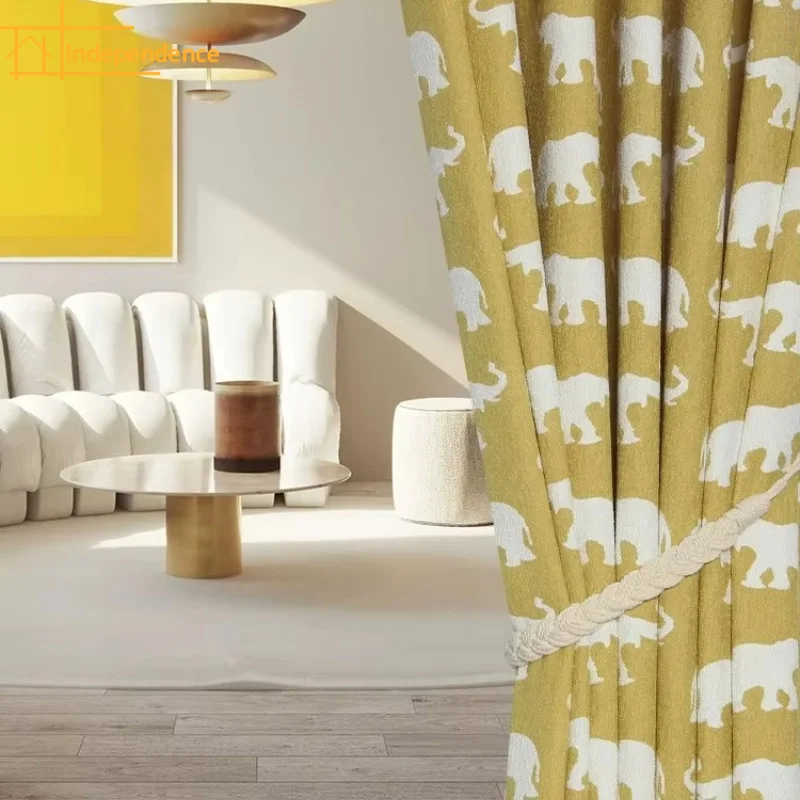 Cartoon Chenille Yellow Elephant Jacquard Thickened Curtains for Living Room and Bedroom French Window Custom Finished Product
