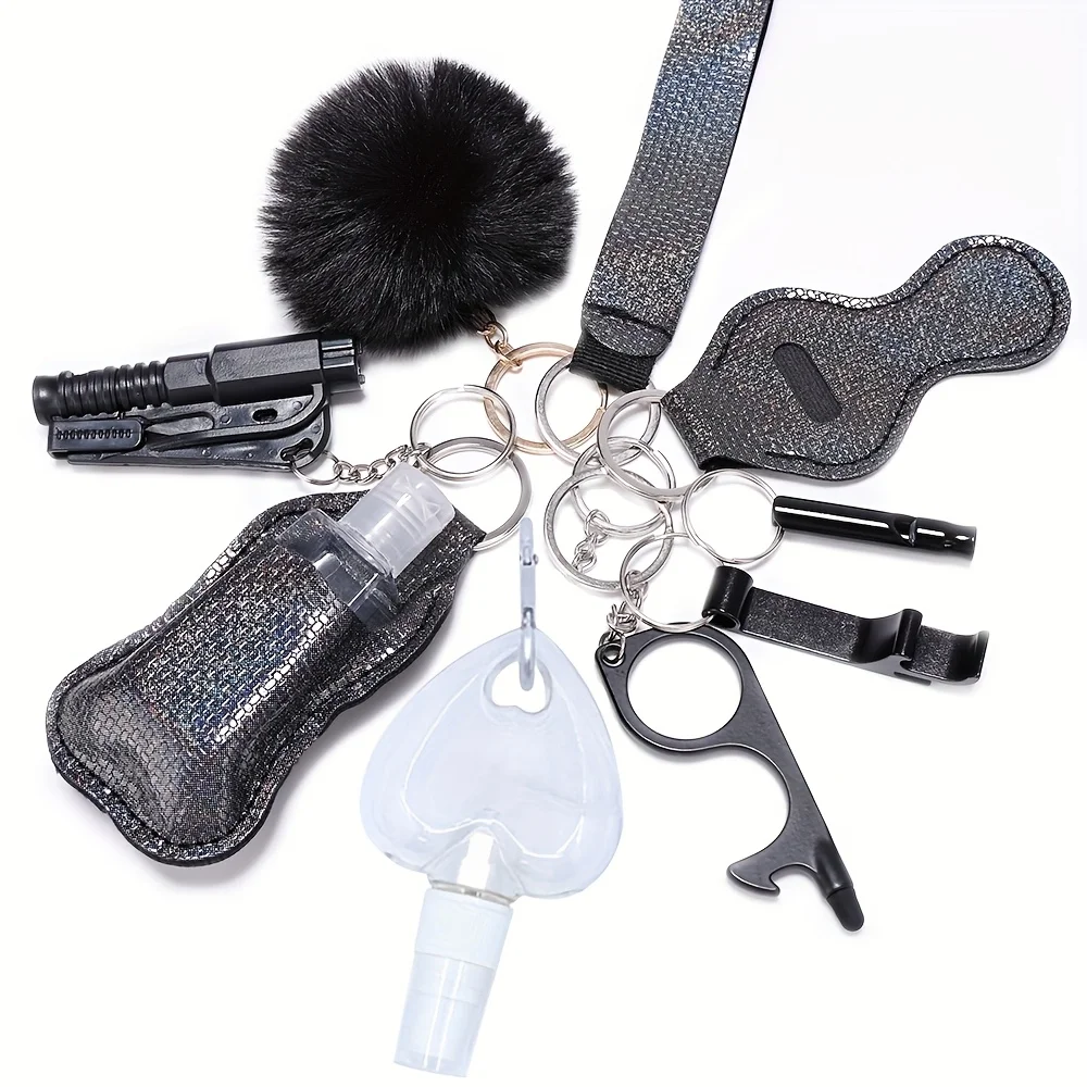 10-teiliges Selbstverteidigungs-Schlüsselanhänger-Set für Frauen, Sicherheits-Fensterbrecher, Sprühflasche, Lippenstifthalter, Zubehör, Geschenke – Detail 2