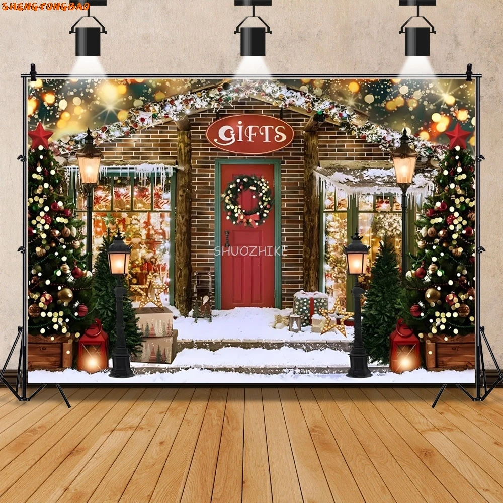 คริสต์มาสไม้ Barn ประตูการถ่ายภาพพื้นหลังของขวัญต้นคริสต์มาส Village Holiday Party ครอบครัวเด็กฉากหลัง CF-30
