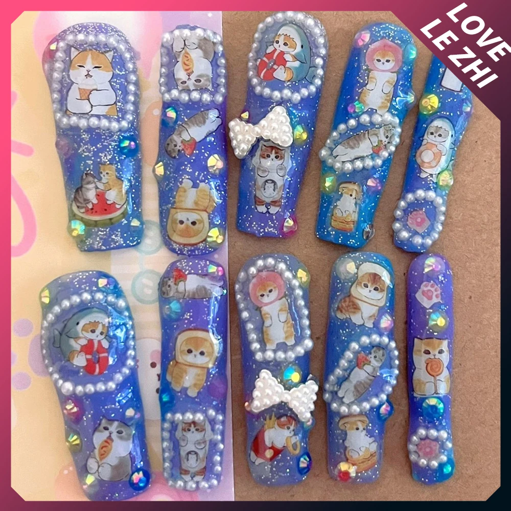 

Y2K Spicy Girl 3D Cartoon Long Stiletto Coffin Reusable Nails Party Sticker Dogs Cats Flower Diamond Bow Pearl False Nails