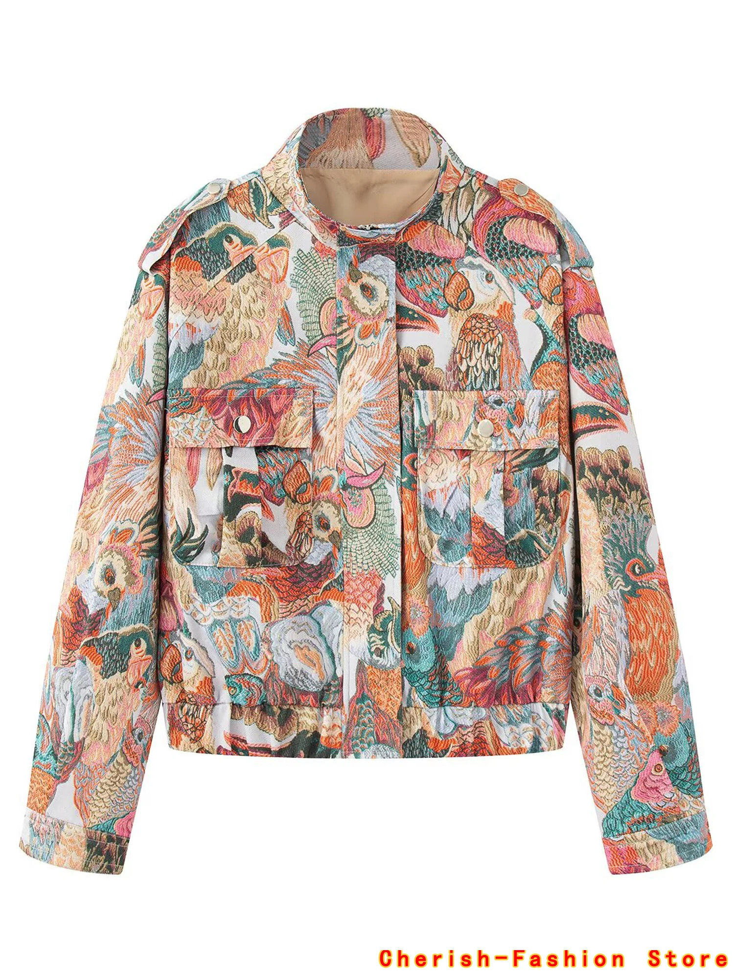 

Fashion Printed Zipper Short Jackets Women Loose Lapel Full Sleeve Pockets All-match Jacket 2025 Summer Autumn High Street Coats