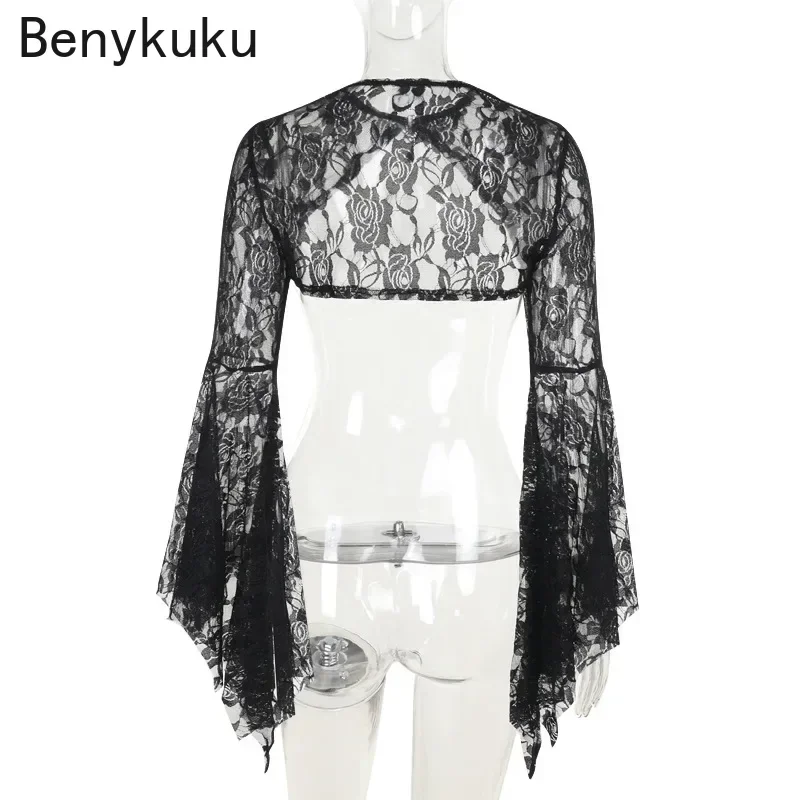 Mall Goth Smock Flare Sleeve Lace See Through Cardigan Harajuku Shrug Techwear Hotsweet Y2k Cropped Tops Clothes Thin Bolero