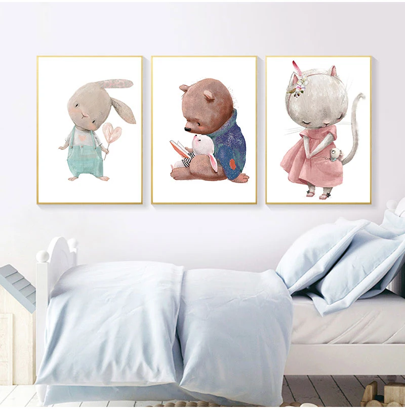 Bear Rabbit Art Canvas Print Baby Bunny Poster Nursery Painting Flower Animals Wall Art Nordic Poster Picture Kids Room Decor