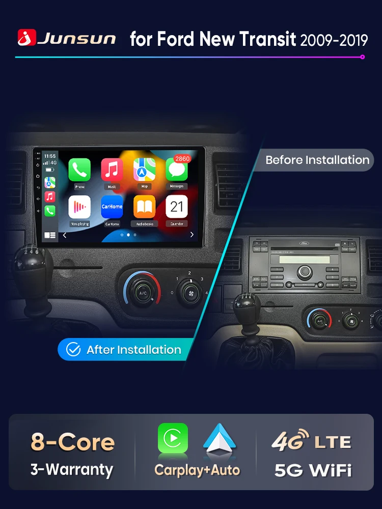 Junsun Android Auto Autoradio für Ford New Transit 2009 2010 2011 2012 2013 2014-2019 Multimedia Wireless Apple CarPlay Intelligente Systeme IPS Touchscreen Stereo Videoplayer 2 Din Autoradio Head