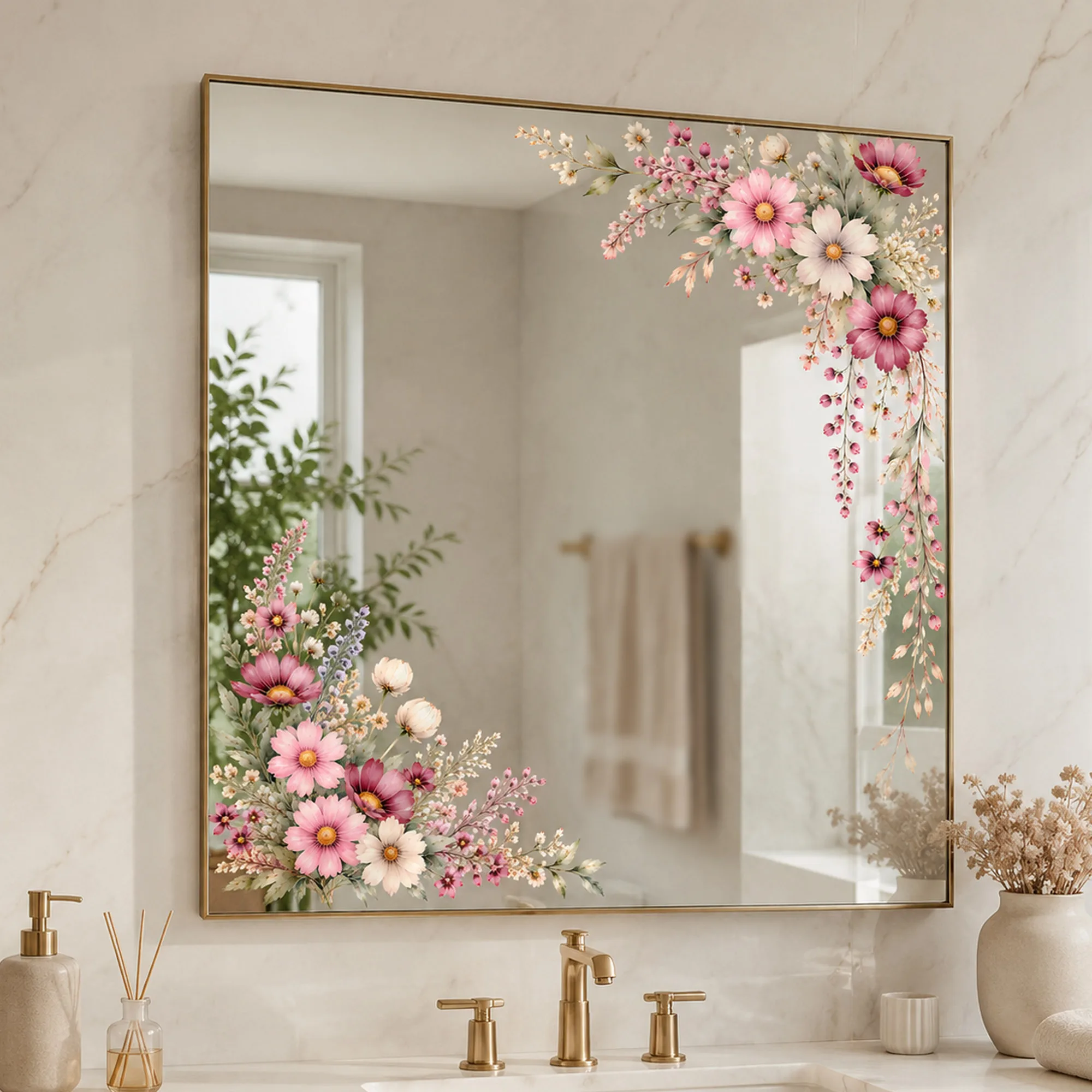 Watercolor Pink Wildflower Corner Mirror Decal - Peel Stick Removable Floral Sticker,No Residue,Decor for Bathroom Vanity Mirror
