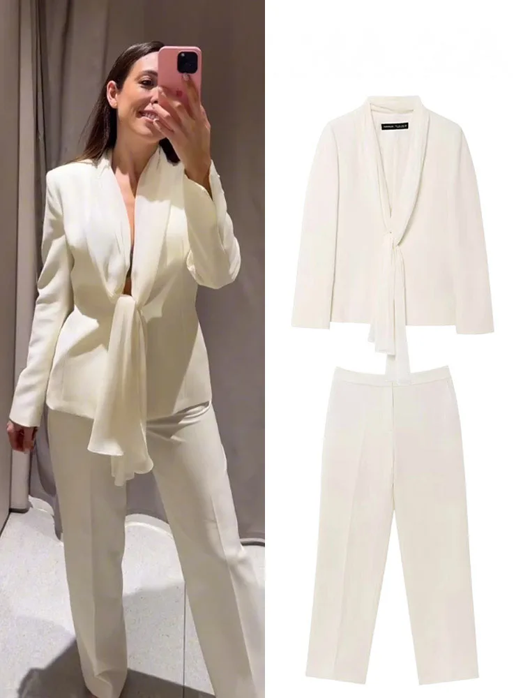 HH Spring Women Solid Suit Thin Scarf Turn-Down Collar Blazer Long Sleeve Top+Zipper Midi Waist Straight Leg Pants Set