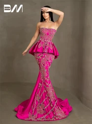 Hot Pink Jeweled Prom Dresses Strapless Court Train Sleeveless Evening Dress Custom Made Sexy Party Gown Robe De Soriee