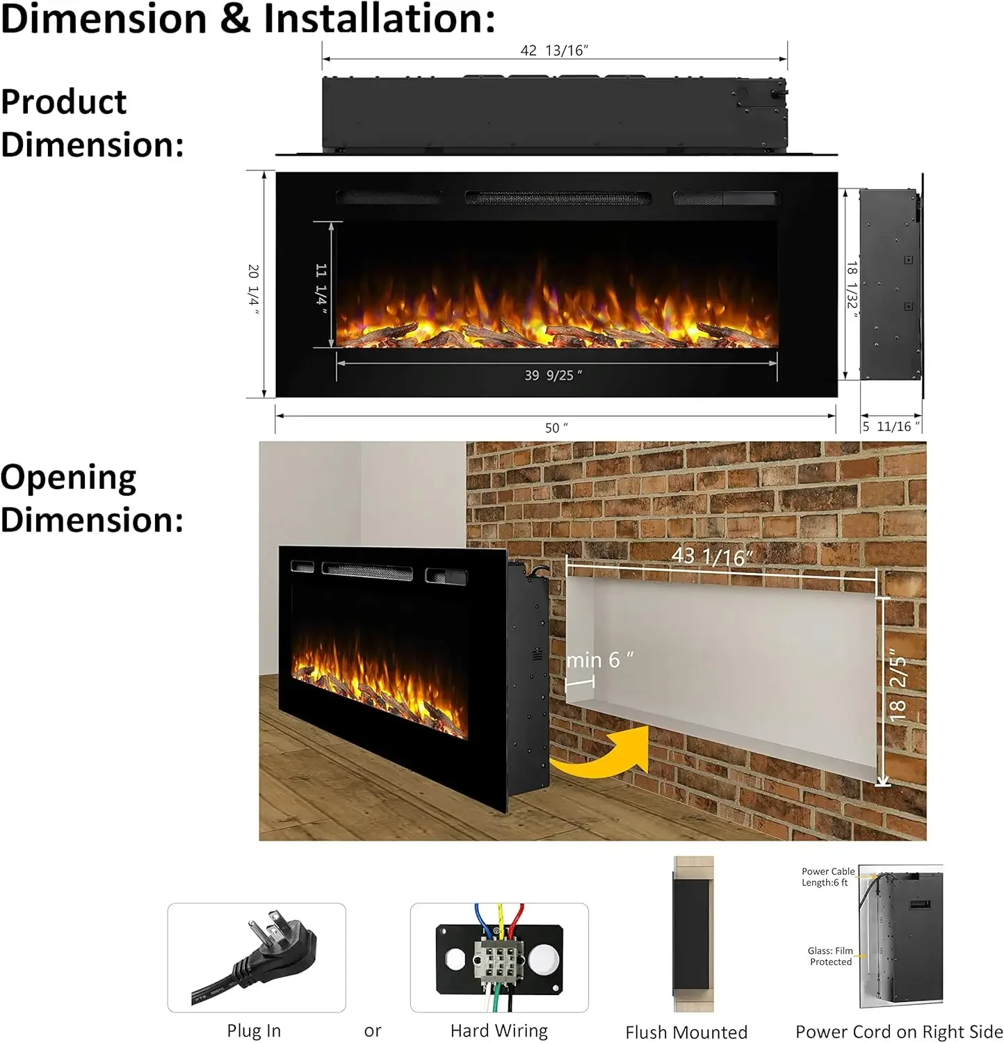 50 Inches Recessed Electric Fireplace, Flush Mounted for 2 X 6 Stud, Log Set & Crystal, 1500W Heater, Remote Control, Black