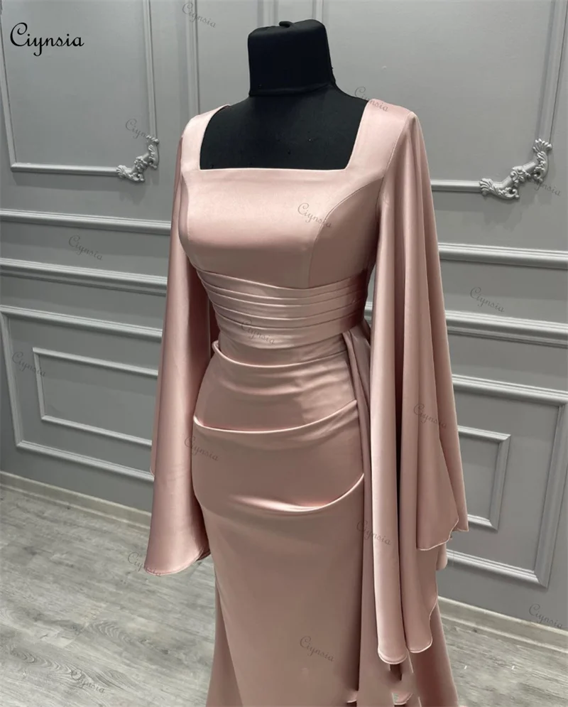 Ciynsia Elegant Dubai Luxury Evening Dresses for Women 2024 Satin Pleated Full Sleeves Formal Prom Gowns Mermaid فساتين السهرة