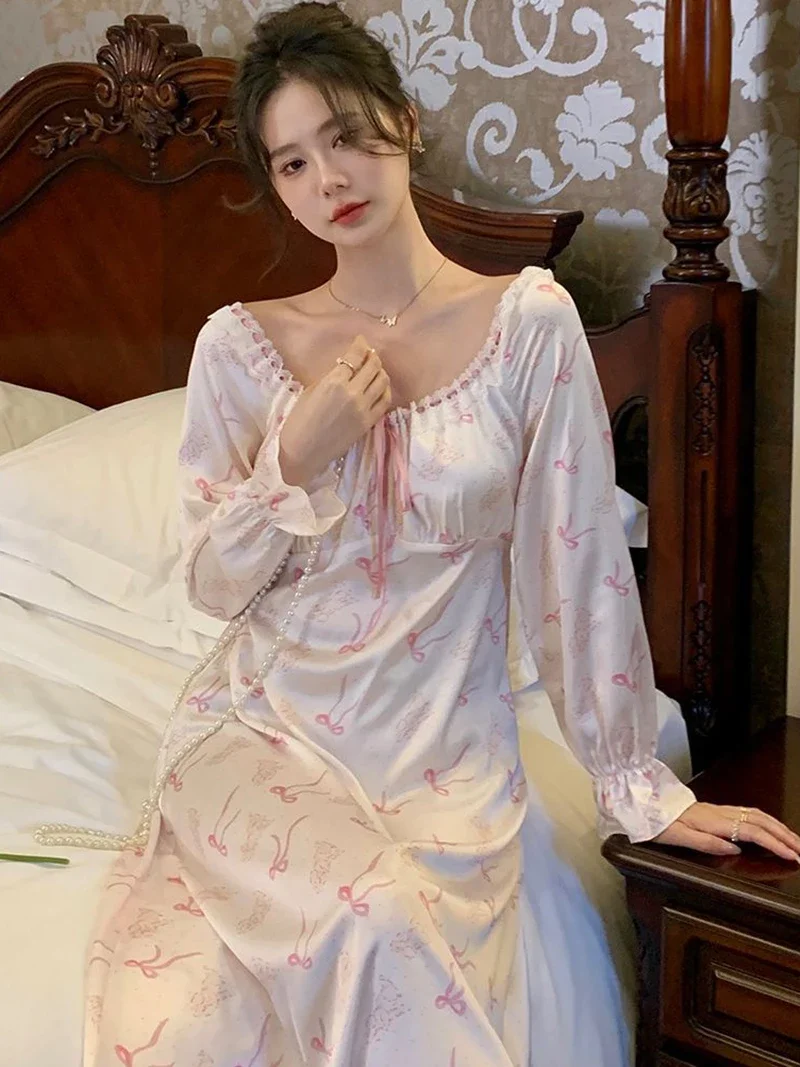 

French Silk Nightgown Women Autumn Princess Print Sleepwear Long Sleeve Loose Home Clothes Victorian Nightdress Loungewear