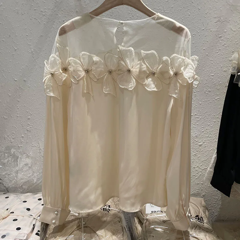 Spring Summer New Temperament Crew Neck Long Sleeve Chiffon Shirt Women Korean Style Loose Beaded Flower Mesh Patchwork Blouse