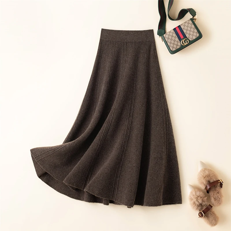 2023 Autumn Winter New Woman\'s Elastic High Waist Cashmere A-Line Skirt 100% Merino Wool Knit Korean Mid Length Hip Wrap Skirt