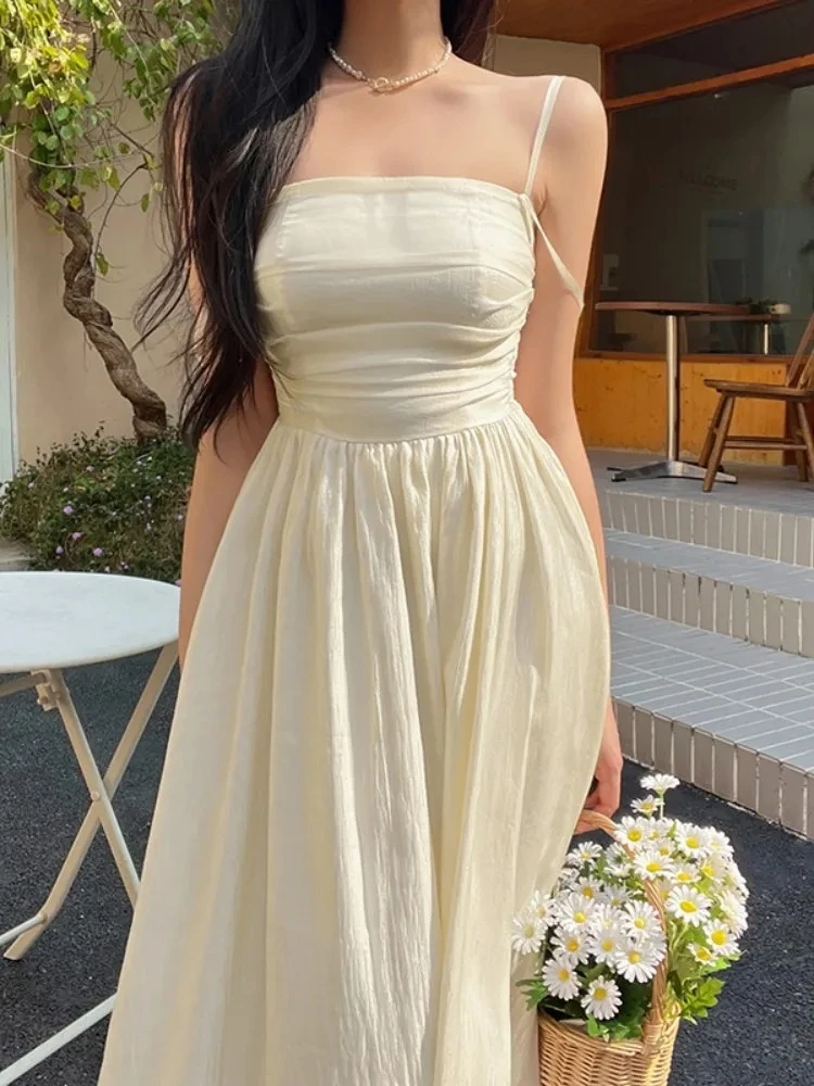 Vestido De línea A con tirantes finos para Mujer, ropa estética, camisola, Vestidos De Mujer, bata con pliegues, ropa De calle lisa De una pieza