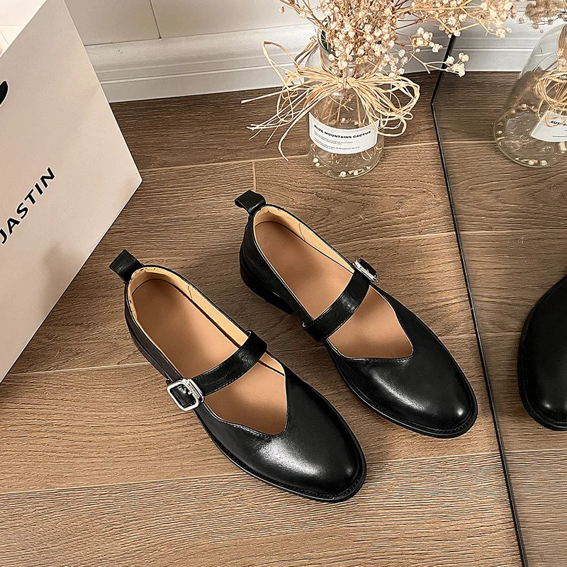 

MKKHOU Fashion Women's Shoes New High Quality True Leather Round Toe Shallow Middle Heel Leather Shoes Modern Mary Janes Shoes