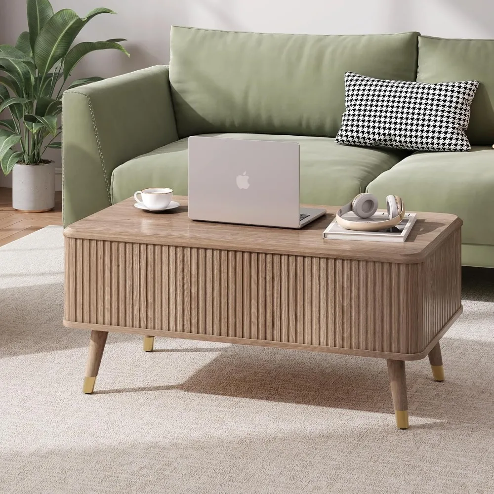 Mesa de centro elevable estriada moderna de mediados de siglo con almacenamiento oculto para sala de estar