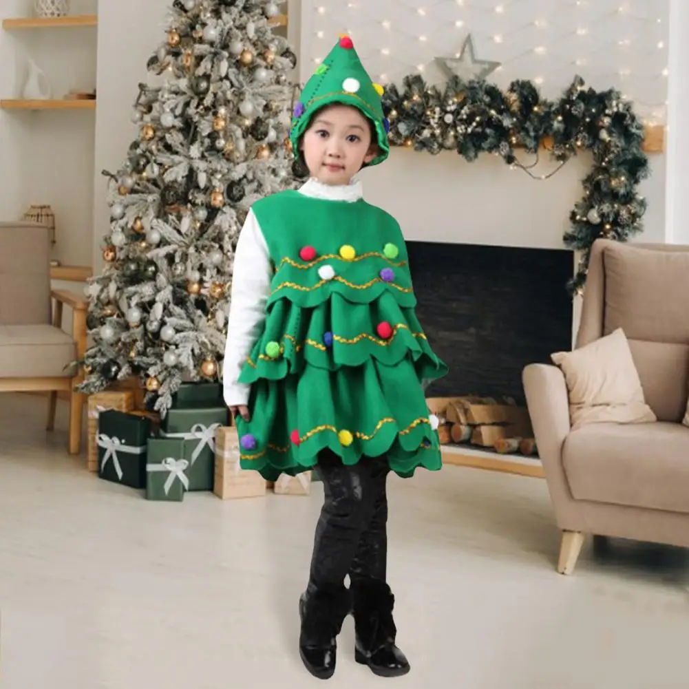 Kids Christmas Tree dress Multi-layered Fur Ball Trim Dress Holiday Dress Hat Set Christmas themed Festive Winter Party Dress