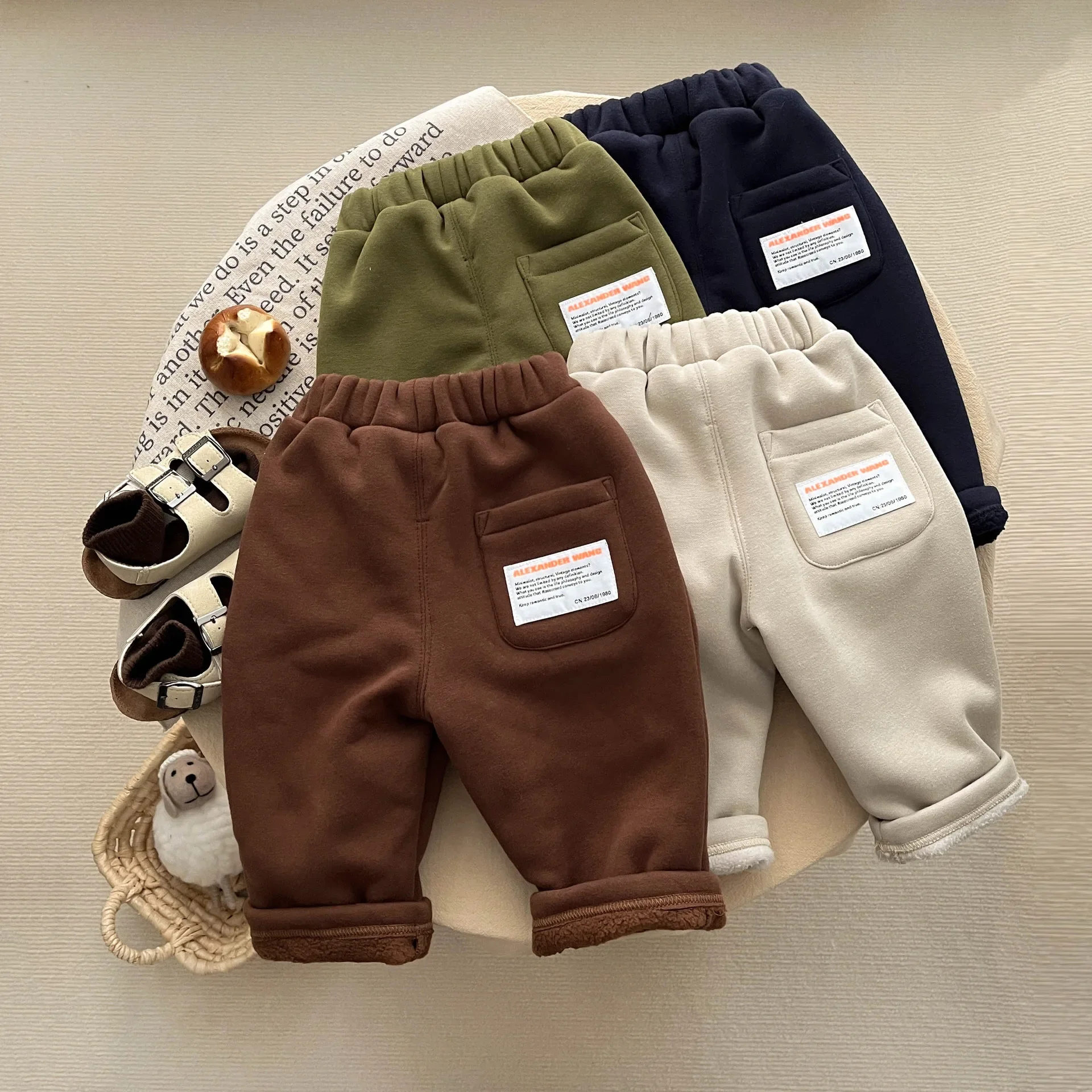 Boys and Girls Plush and Thick Casual Sport Pants Baby Warm One-piece Woolen Pants Children Winter Outerwear Cotton Pants