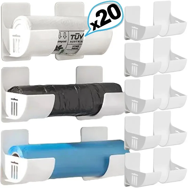 20/2pcs Wall Mount Plastic Poly Trash Waste Bag Roll Holder Dispenser Space-Saving Plastic Bag Holder Home Kitchen Organization