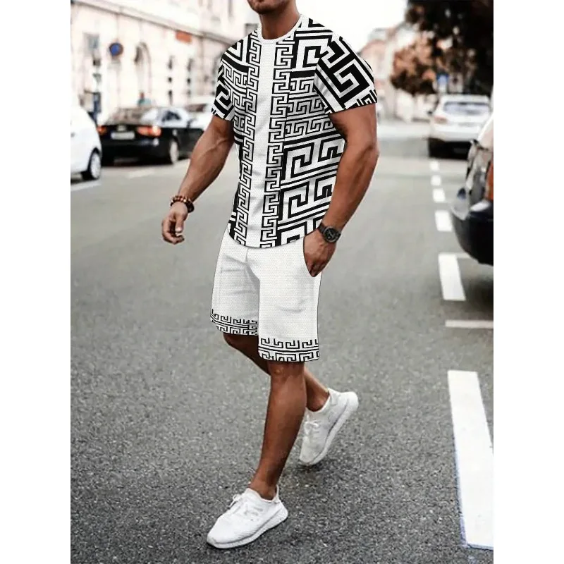

Summer 2025 Casual 3D Printed Sports Polyester Fiber Set, Fashionable Men's Round Neck Short Sleeved T-shirt Shorts 2-piece Set