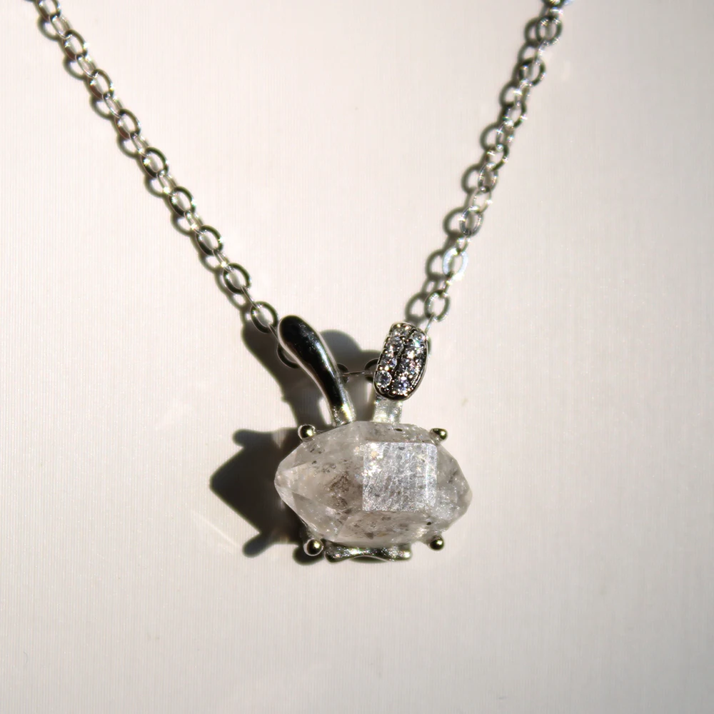 Rabbit Ear Shaped Half Silver Hook With Natural Double Terminated Rough Herkimer Mini Diamond Quartz Crystal Pendant