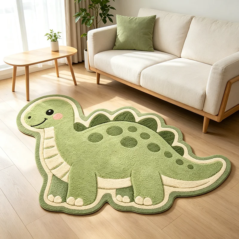 Green Cartoon Dinosaur Shaped Rug Creative Cute Plush Bedside Floor Mat Fashion Home Decor Carpet for Living Room & Bedroom