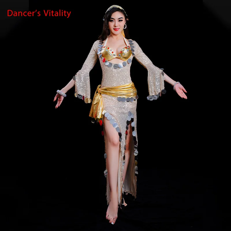 Oriental Dance Costume For Women Sexy Belly Dancing Skirt Professional Dancer Outfit Suit Gold Headdress Belt Dress 3peice S,M,L