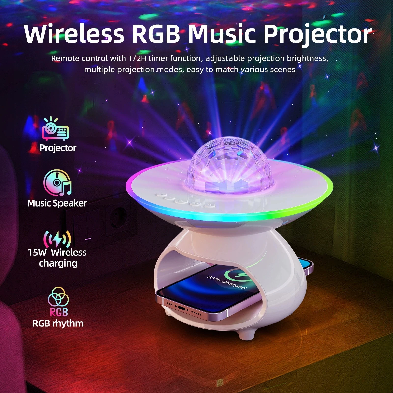 

3 in 1 Multifunctional Projector Night Light with 15W Wireless Phone Charging Bluetooth Speaker Remote Control Aurora Mood Lamp