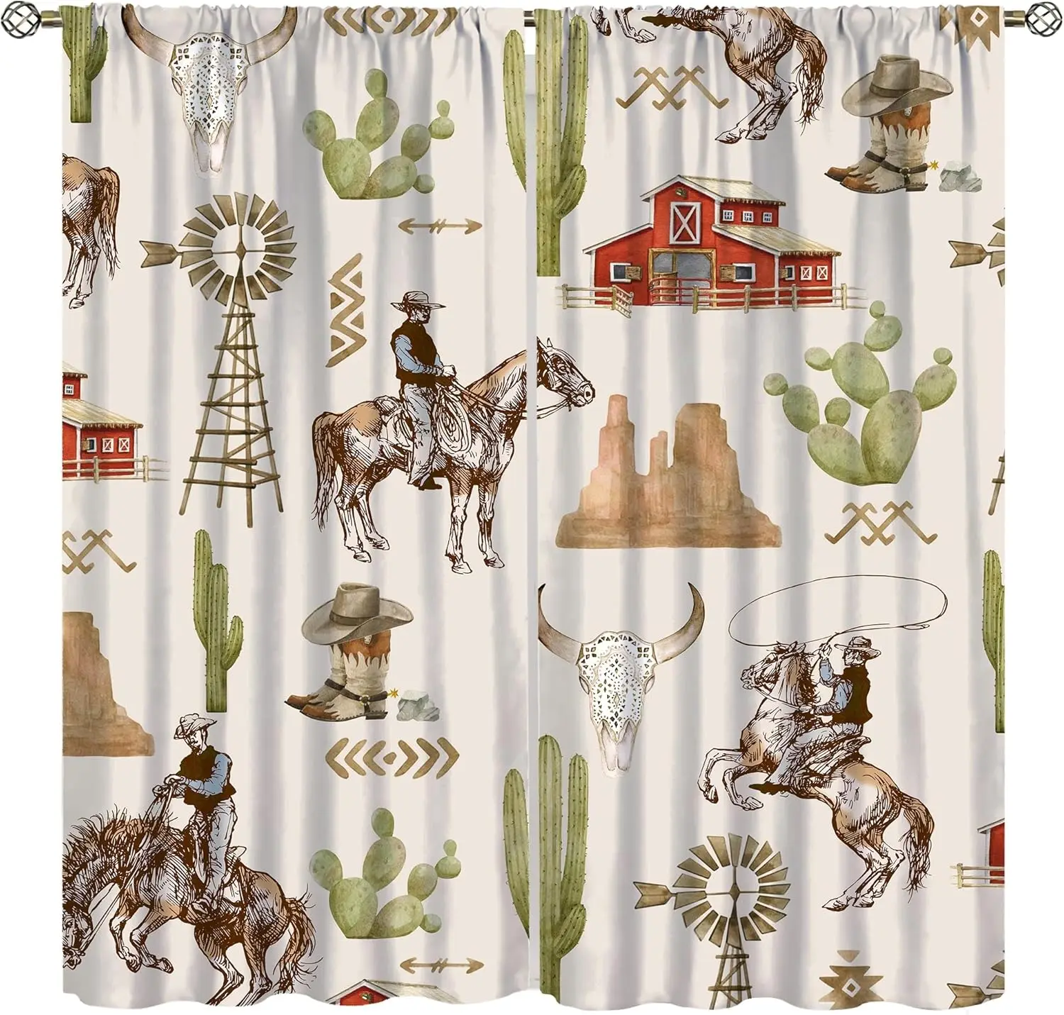 Cowboy Curtains, Cartoon Watercolour Western Desert Cactus Windmill Horse Window Drapes for Kids Boys Bedroom Decor