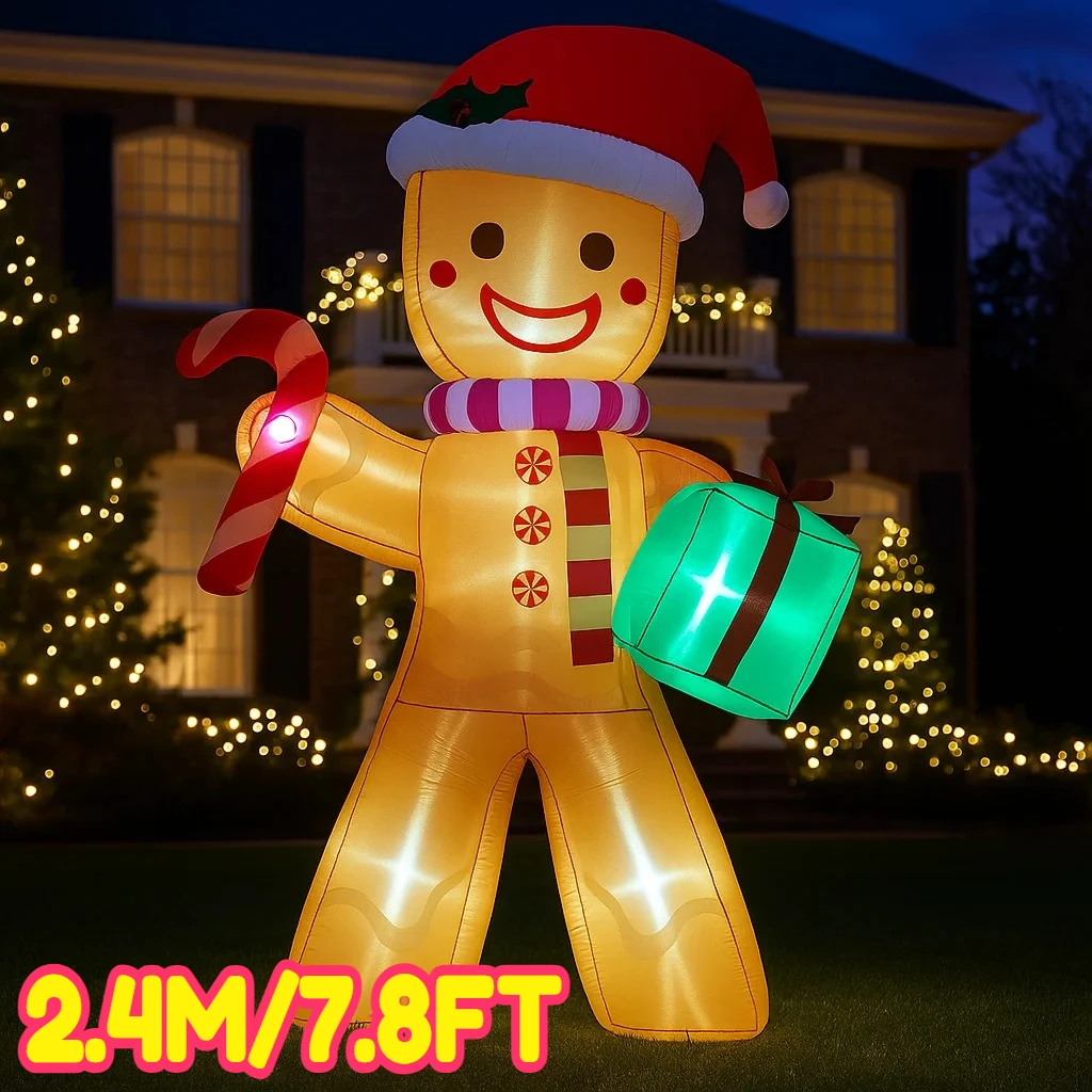 2.4M/7.8FT Inflatable Gingerbread Man Candy Cane Gift Box Lights LED Home Decorations Toys Yard Xmas Supplies Holiday Ornaments