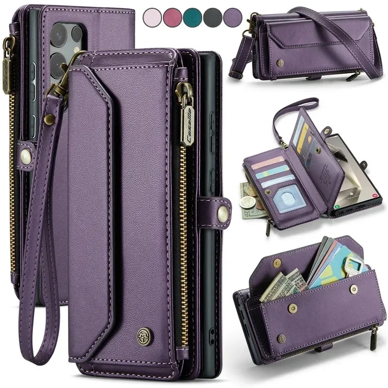 Lanyard Leather Zip Wallet Card Phone Case Suitable For Samsung Galaxy 20 Ultra S26 Plus S25 S24 S23 S22 S21 Crossbody Cover