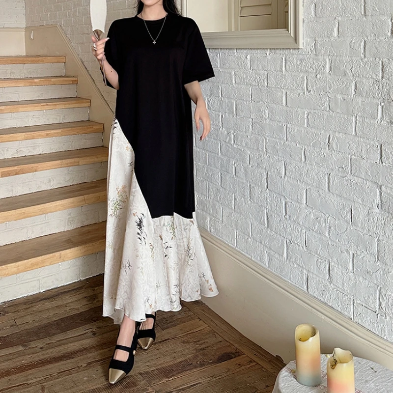 Plus Size Women's Summer Dress 2025 Korea Style Loose Jacquard Satin Long Dress Robe Short Sleeve Elegant Elbise Midi Dress