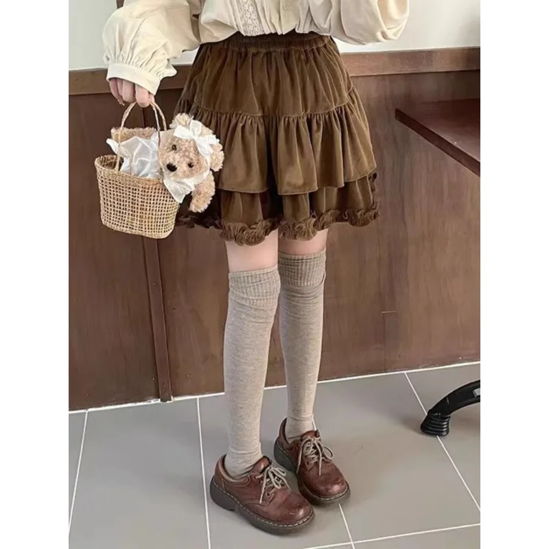 Autumn Winter Cake Skirt Brown Ruffle Y2k Fashion Casual Corduroy Mini Short Skirt Women Vintage Lolita Cute Retro Skirts