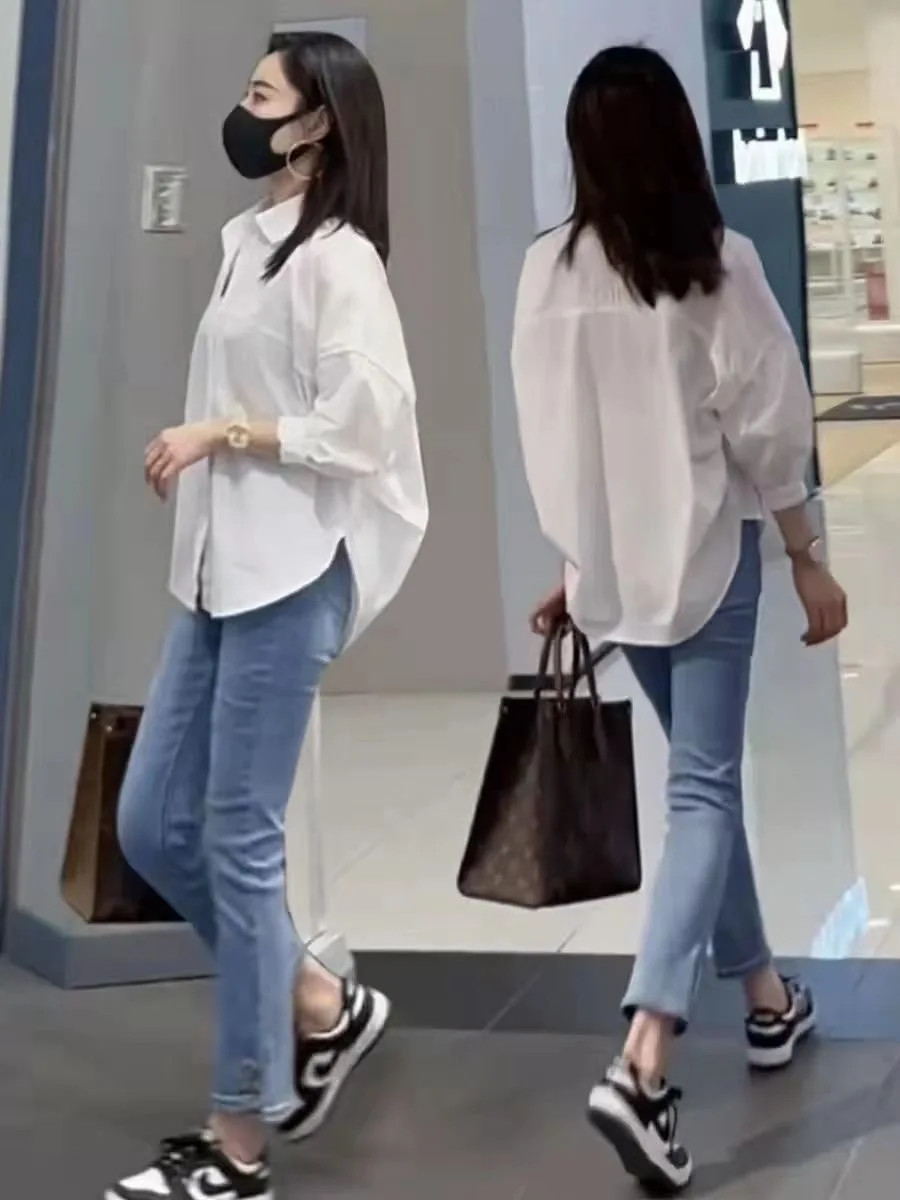 White Color Women Summer Shirt Mid Sleeve Loose Y2k Chic Irregular Korean Casual Vacation Oversized Blouse Tops
