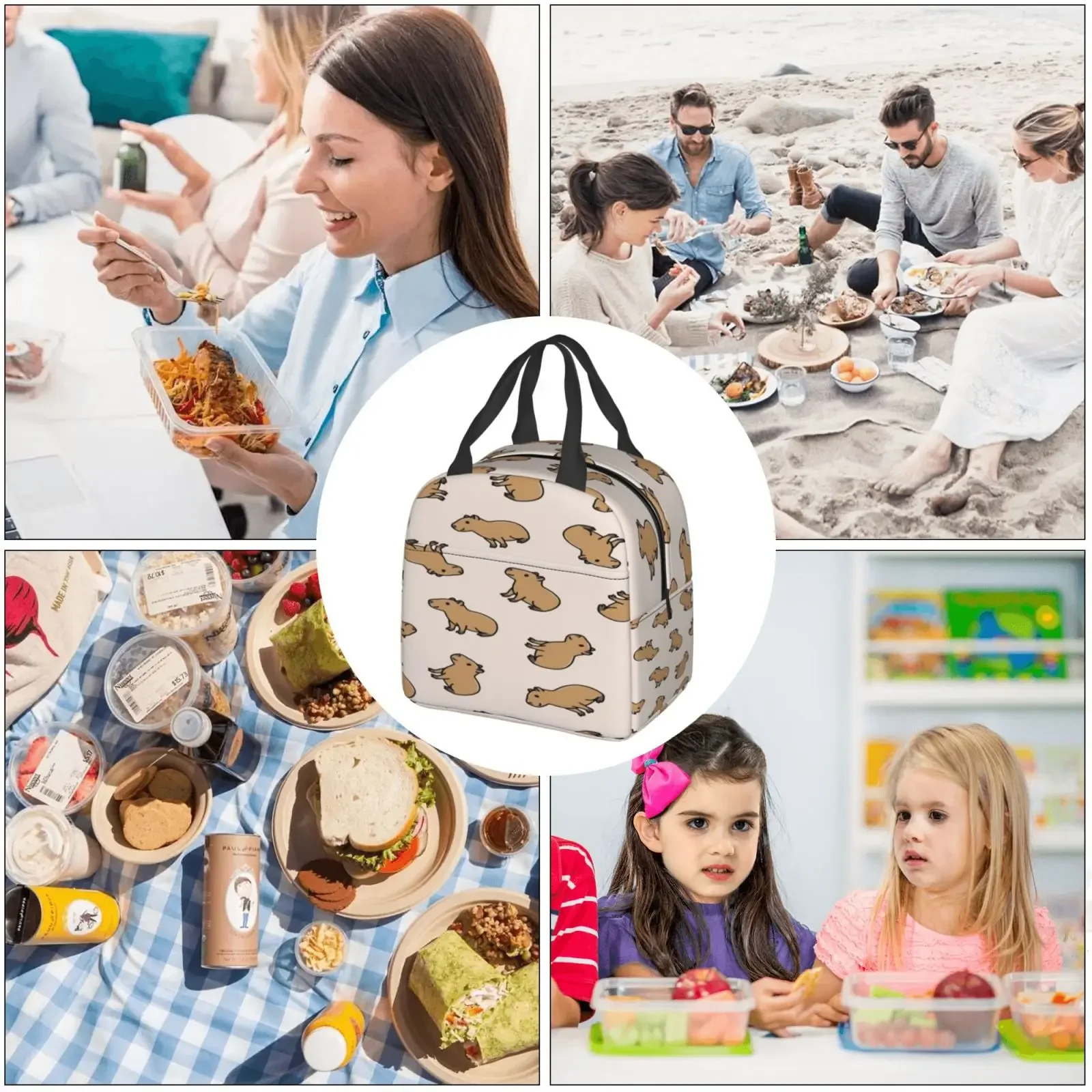 Cute Cartoon Capybara Print Lunch Bags Insulated Bento Box Lunch Tote Leakproof Picnic Bags Thermal Bag for Woman Girl School