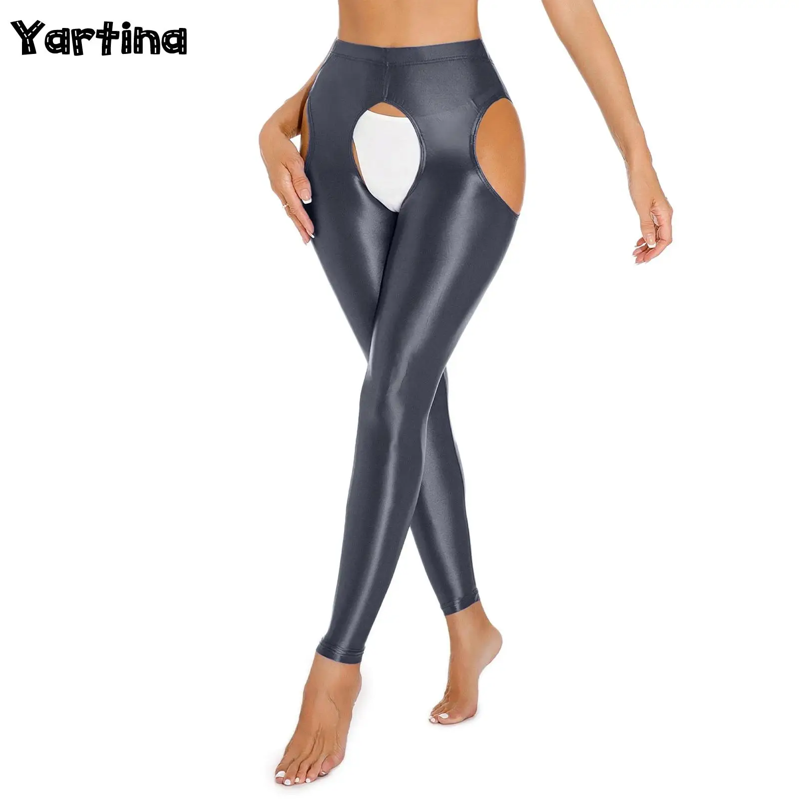 Women Lingerie Tights Crotchless Pantyhose Leggings Shiny Oil Stretchy Stockings Pants Thigh Hollow Out Slim Fit Stretchy Pants