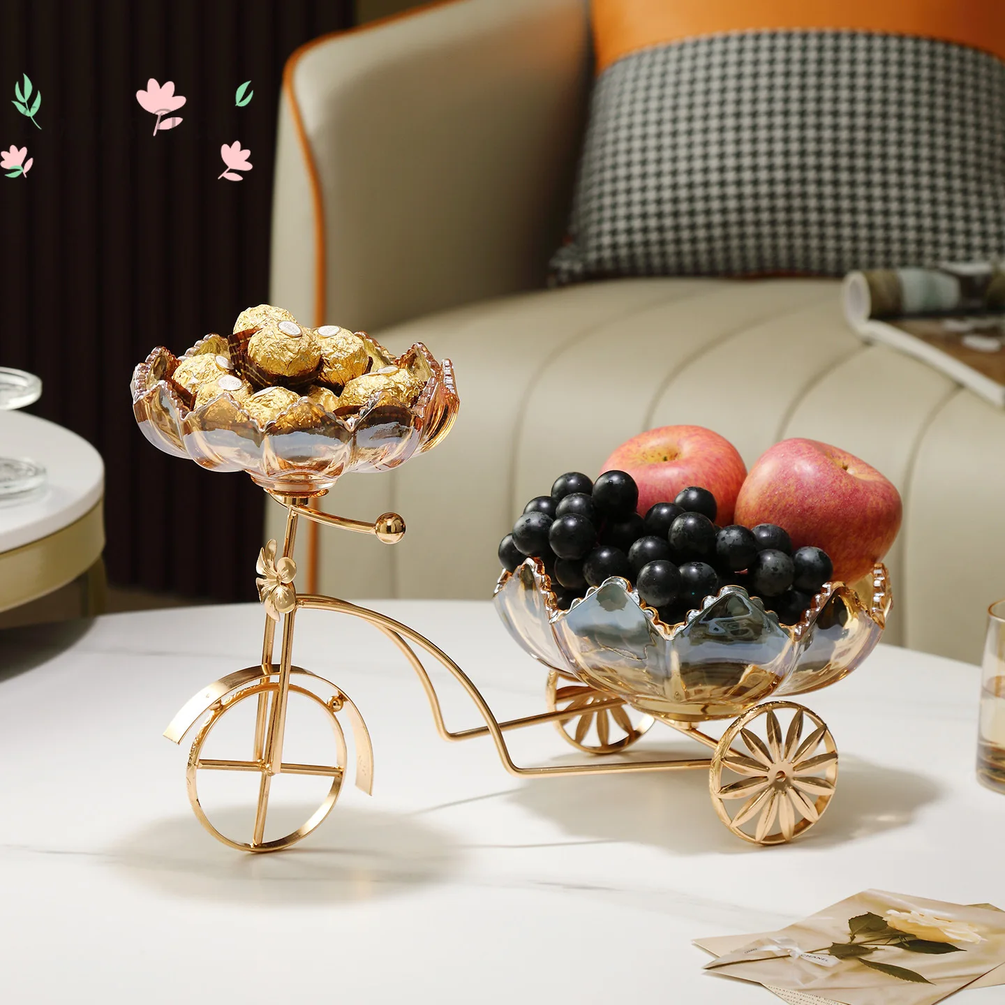 

Creative Bicycle Shaped Glass Fruit Plate with Gold Frame Double Bowls for Nuts, Candies and Fruits