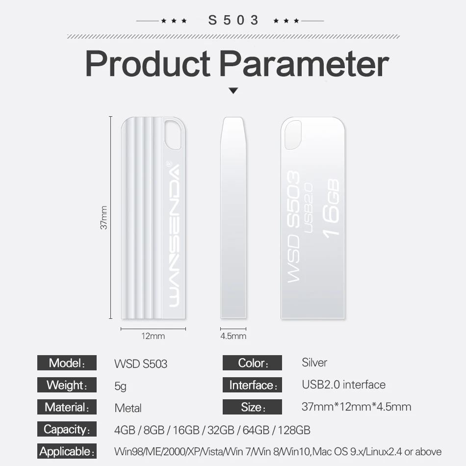 WANSENDA USB 2.0 USB Flash Drive logam Pen Drive 8GB 16GB 32GB 64GB 128GB Pendrive kunci stik memori Flash U Disk