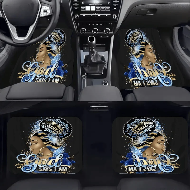 4Pcs Car Floor Mats, Blue Gold Black Woman Empowered Print, For African American Women