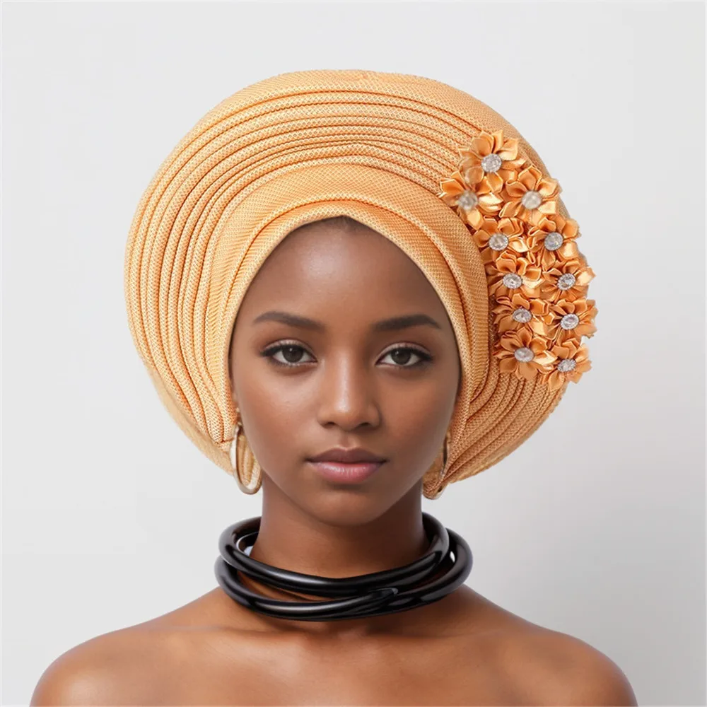 Frauen Kopf wickel für Hochzeits feier Nigeria Kopf bindungen mit Blumen bereits gemacht Auto Gele 2024 neue afrikanische Headtie Turban – Detail 14