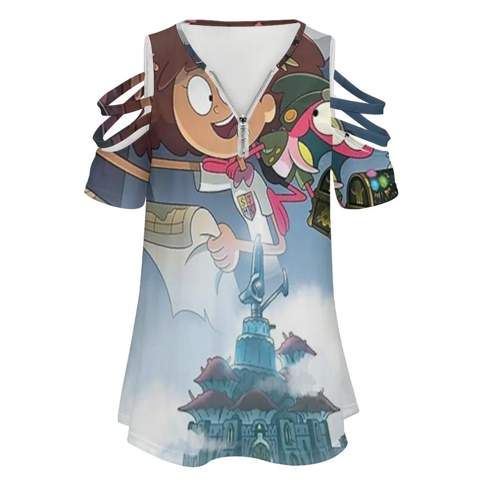 Amphibia Season 2 Women's T-Shirt New Fashion Printed Zipper V-Neck Short Sleeve T Shirts Casual Plus Size Movie Funny Love