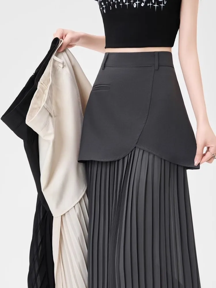 

Women's Suit Skirts Solid Color A-line Patchwork Chiffon Pleated High Waist Slim Long Skirt Summer 2025 New Fashion
