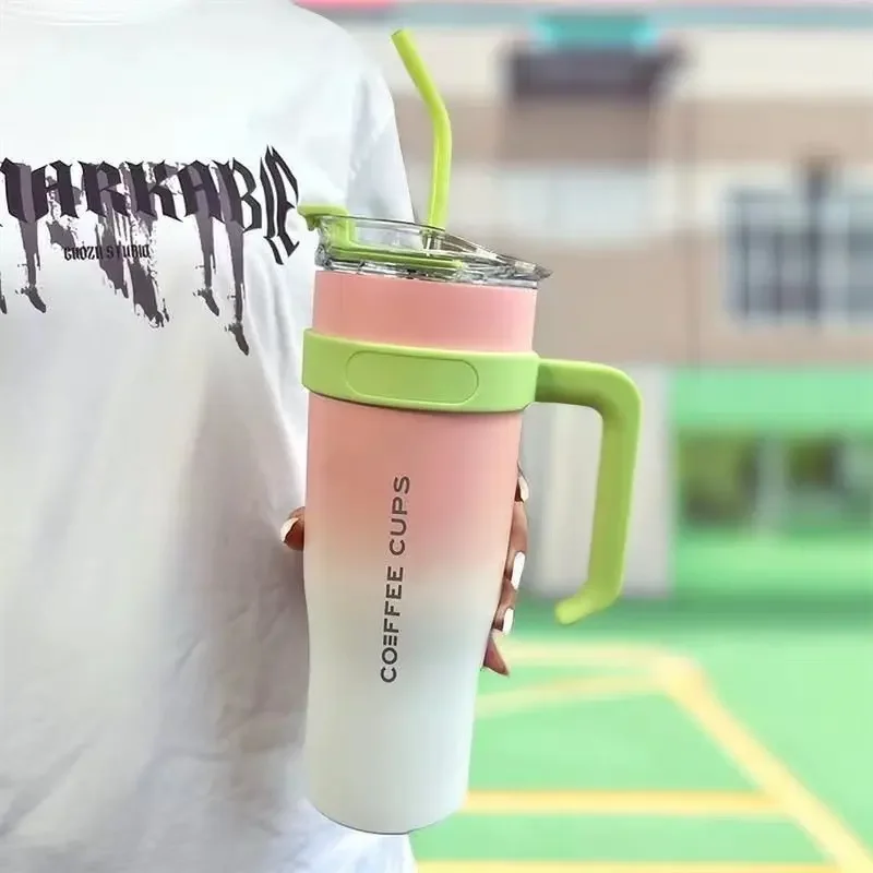 1200ML Giant Insulated Tumbler with Handle Straw Ice Retention Travel Mug for Car Office Outdoor Big Capacity Thermoses Cup
