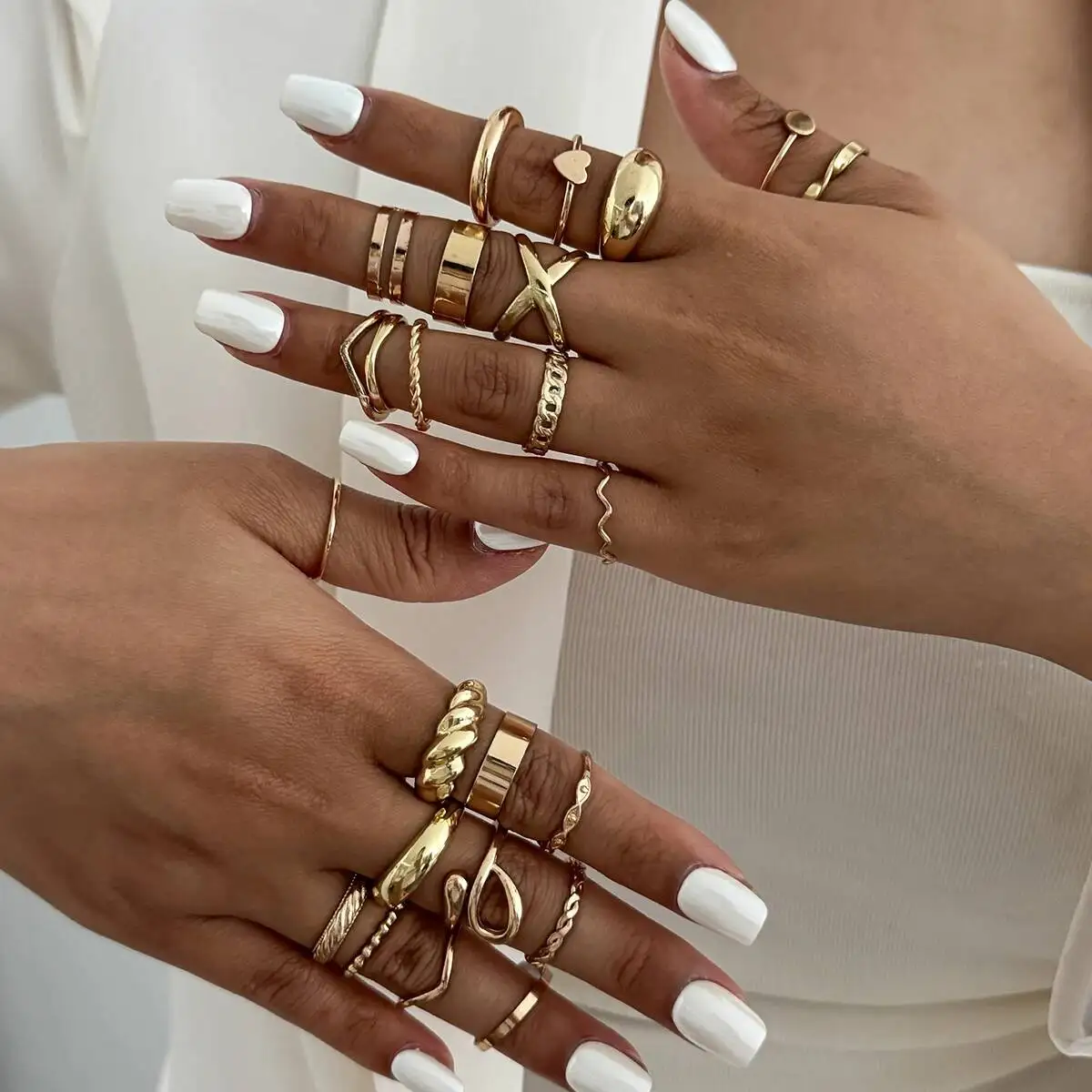 SHIXIN 24 قطعة/المجموعة العصرية غير النظامية الهندسة المفتوحة خواتم للنساء الشرير معدن الذهب اللون قابل للتعديل المفصل الدائري مجموعة مجوهرات الحفلات