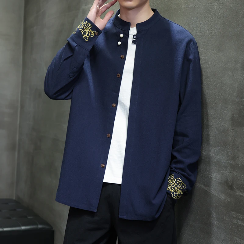 Shirts Men High Quality Embroidered Chinese Style Retro Stand Collar Shirts Men's Linen Comfortable Breathable Casual Shirts Men
