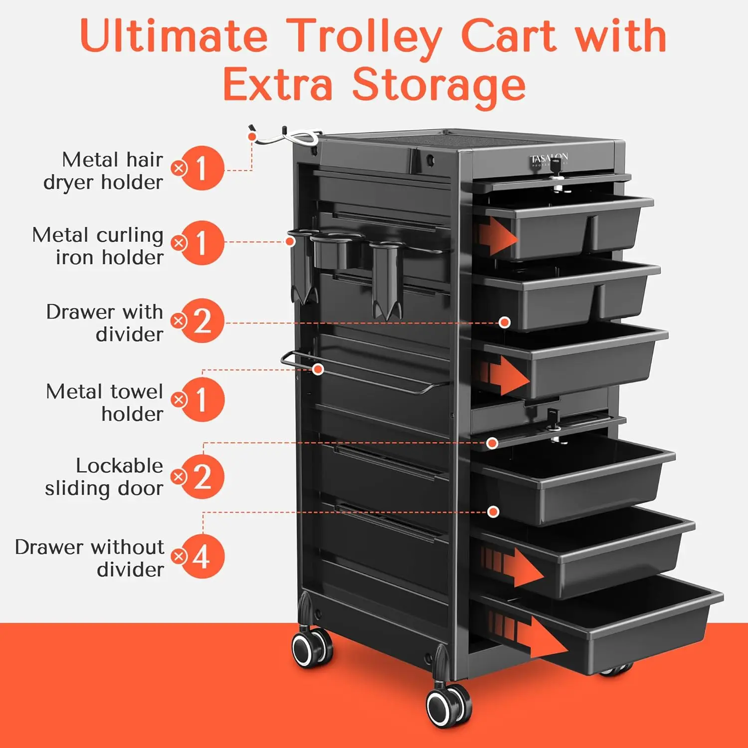 Lockable Salon Trolley Cart - Beauty Salon Cart with 6 Drawers and Tool Holders, Salon Stations for Hair Stylist, Rolling Cart w