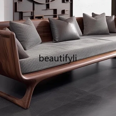 New Chinese Arhat Bed Concubine Couch Zen North American Black Walnut Straight Row Sofa Solid Wood Sofa